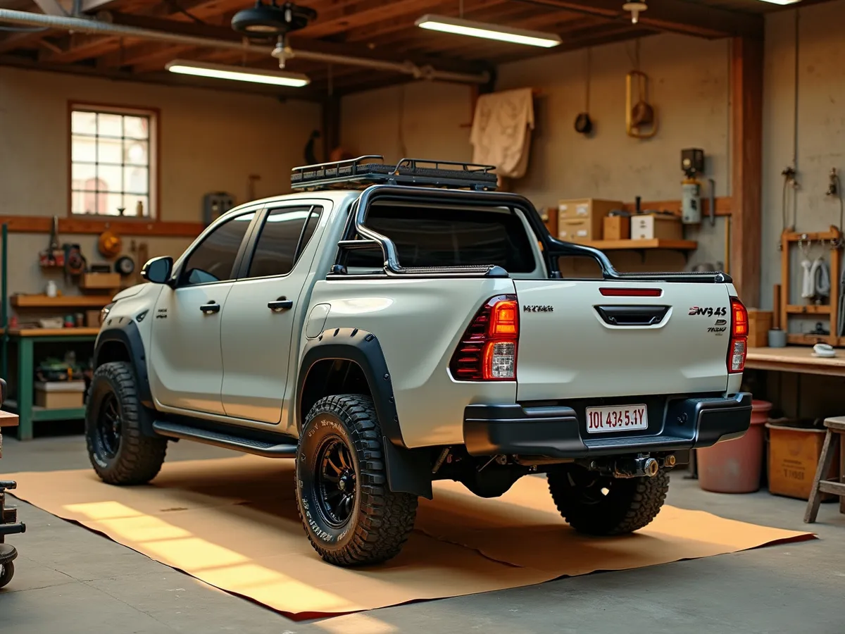 A pickup truck bed kitted with a tonneau cover and a bed rack on a warm concrete apron