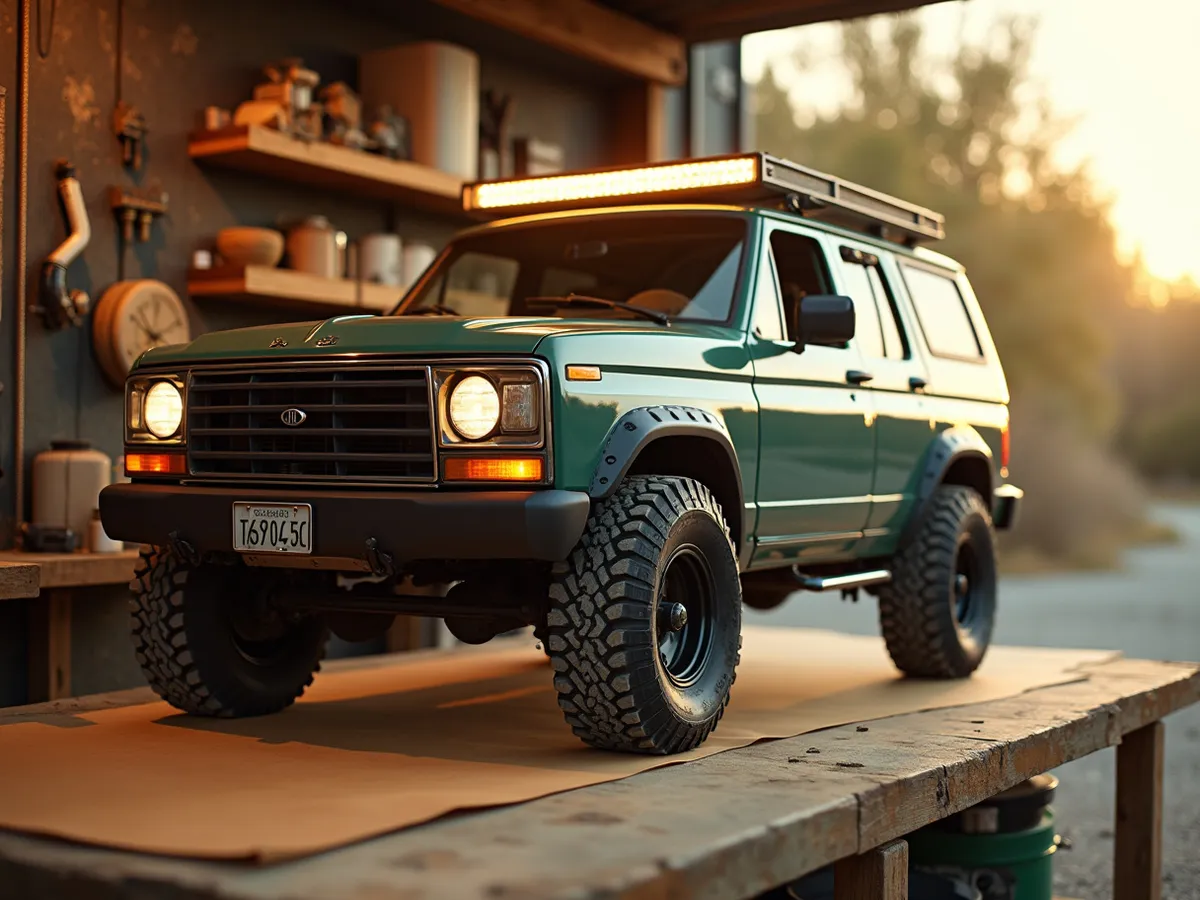 A 4x4 SUV with a roof light bar and pod lights glowing on a warm-toned gravel trail at dusk