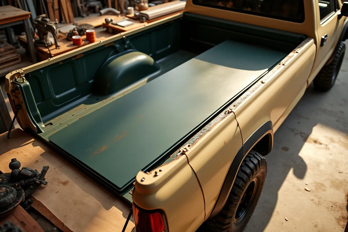 A folded tonneau cover panel and its rail clamps laid out beside a pickup truck bed for a fitment guide