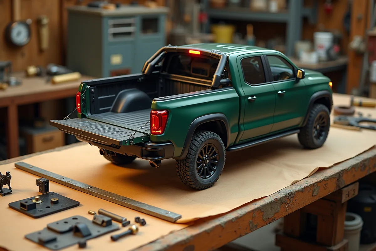 A tape measure and bed-rail mounting brackets laid out on a warm workbench beside a pickup tailgate