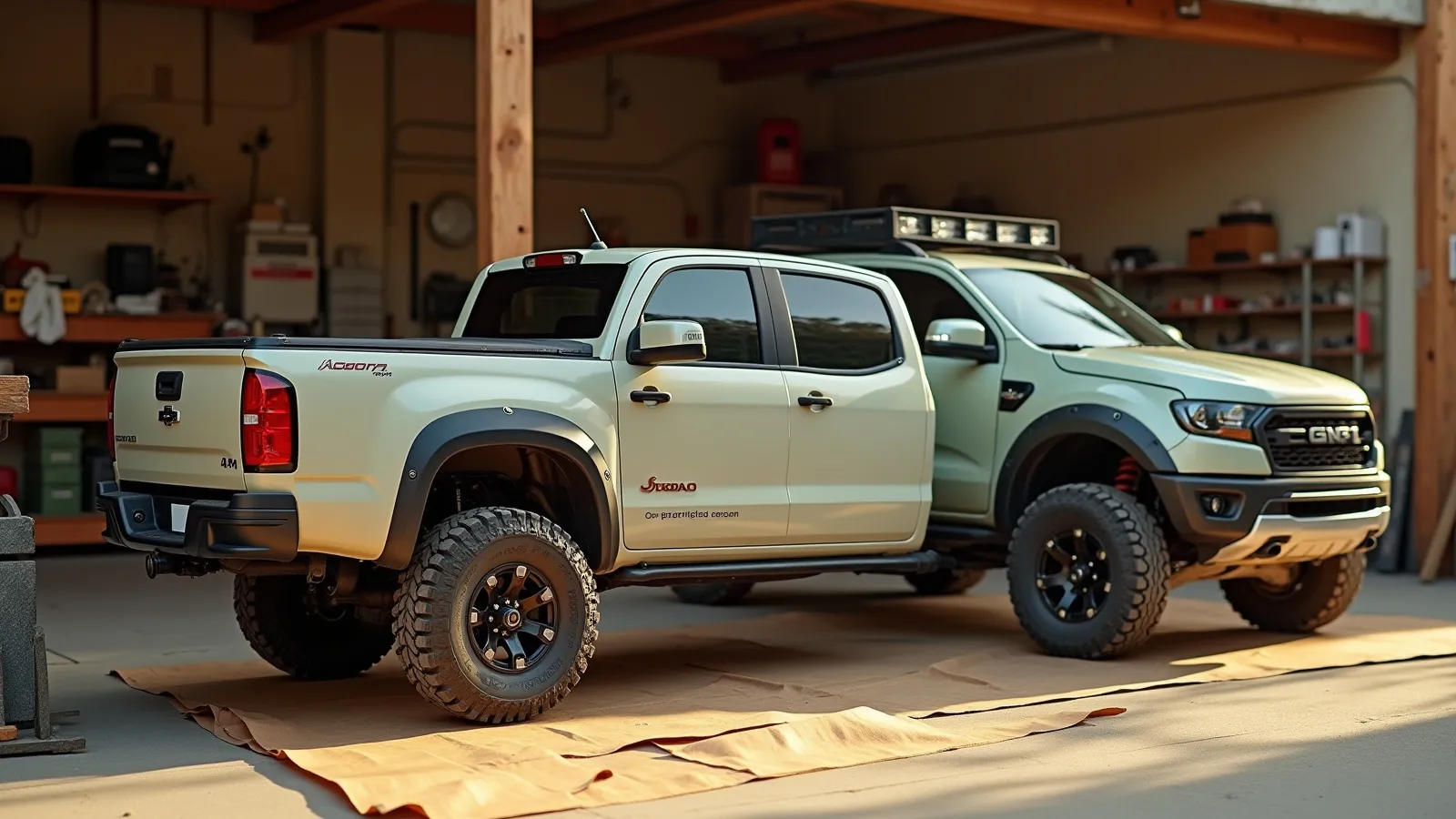 A pickup truck with a tonneau cover beside a 4x4 SUV with a roof light bar on a warm, sunlit shop apron