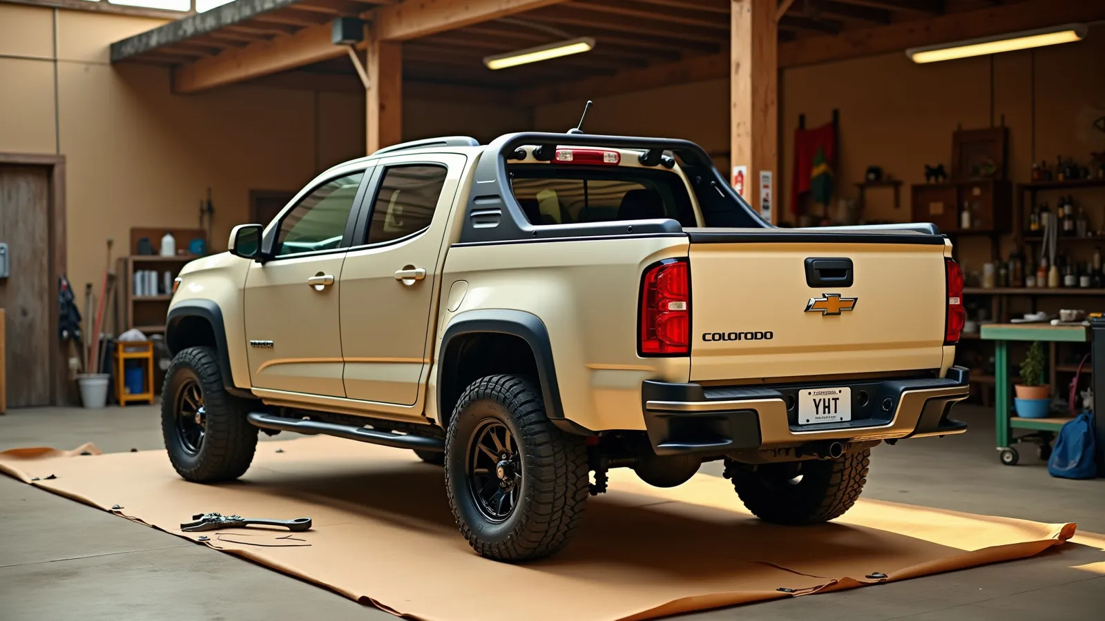 A mid-size pickup with a soft tonneau cover and a low bed rack on a warm concrete shop apron