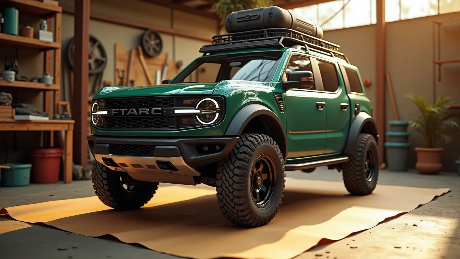 A Bronco Sport-style compact 4x4 SUV with a low-profile roof rack on a warm shop apron