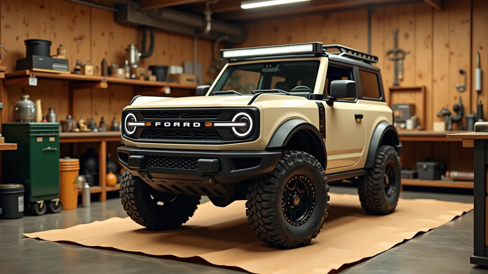 A Bronco-style 4x4 SUV with a roof LED light bar and chunky all-terrain tires on warm concrete