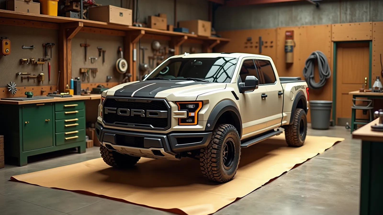 A full-size pickup with a tri-fold hard tonneau cover over its bed on a warm concrete apron