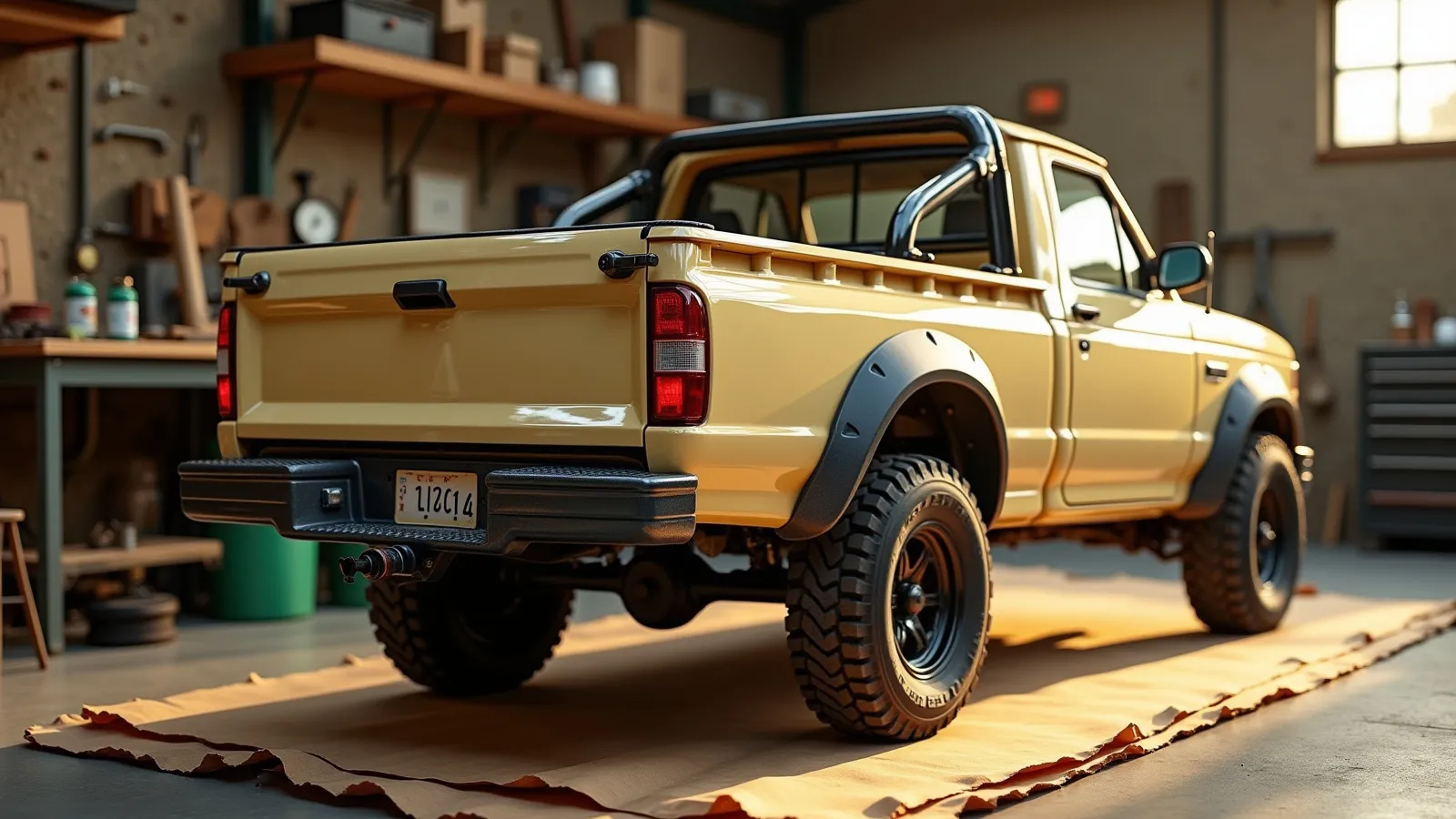 A compact pickup with a low-profile soft tonneau cover and a bed extender on a warm apron