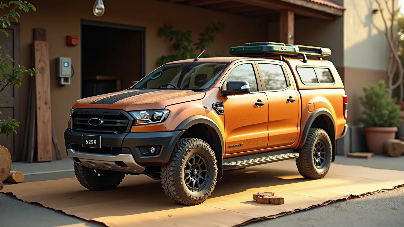 A mid-size pickup with a camper shell canopy over its bed in warm late-afternoon light