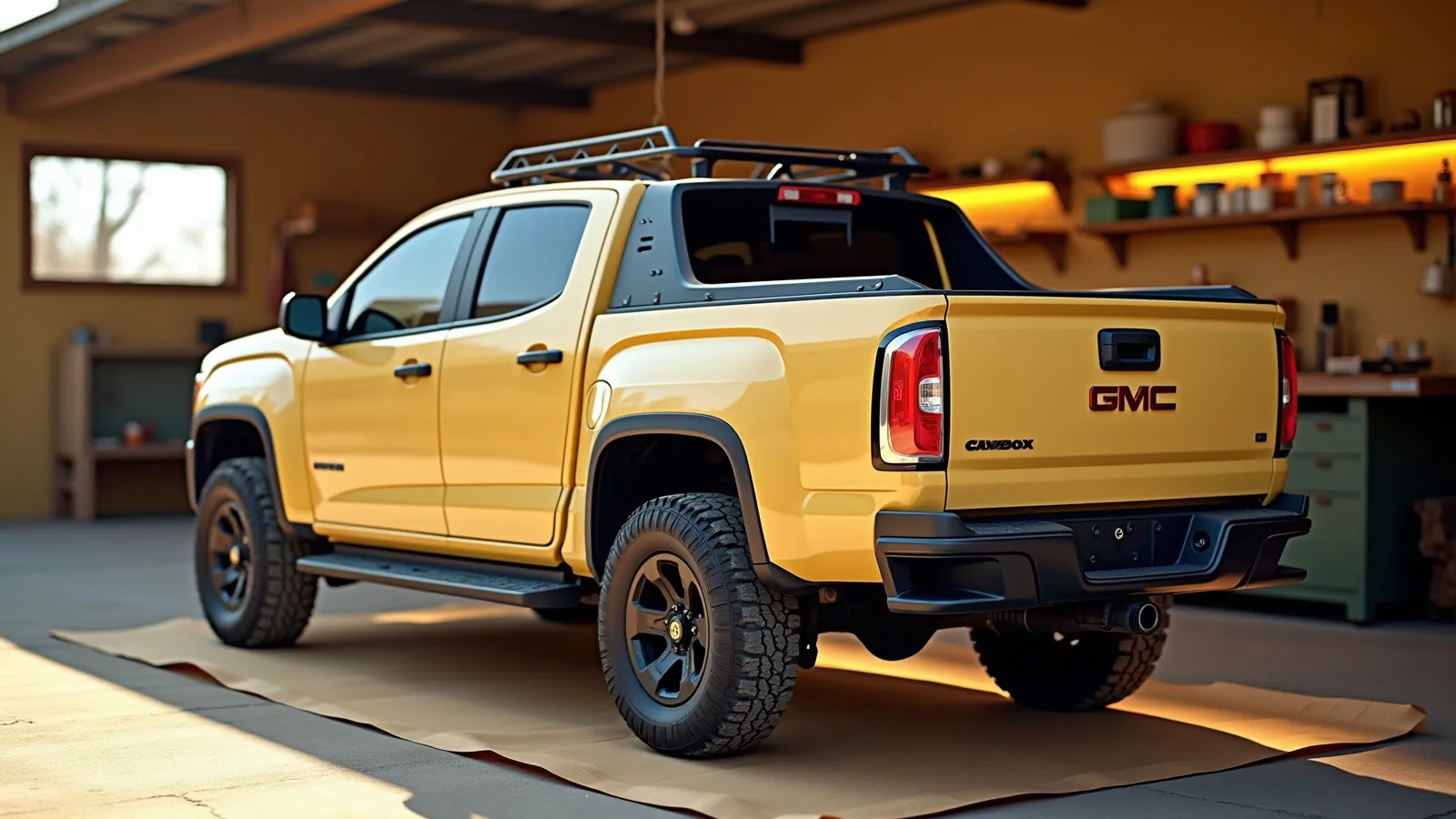 A mid-size pickup with a hard tonneau cover and a bed rack on a warm concrete shop apron