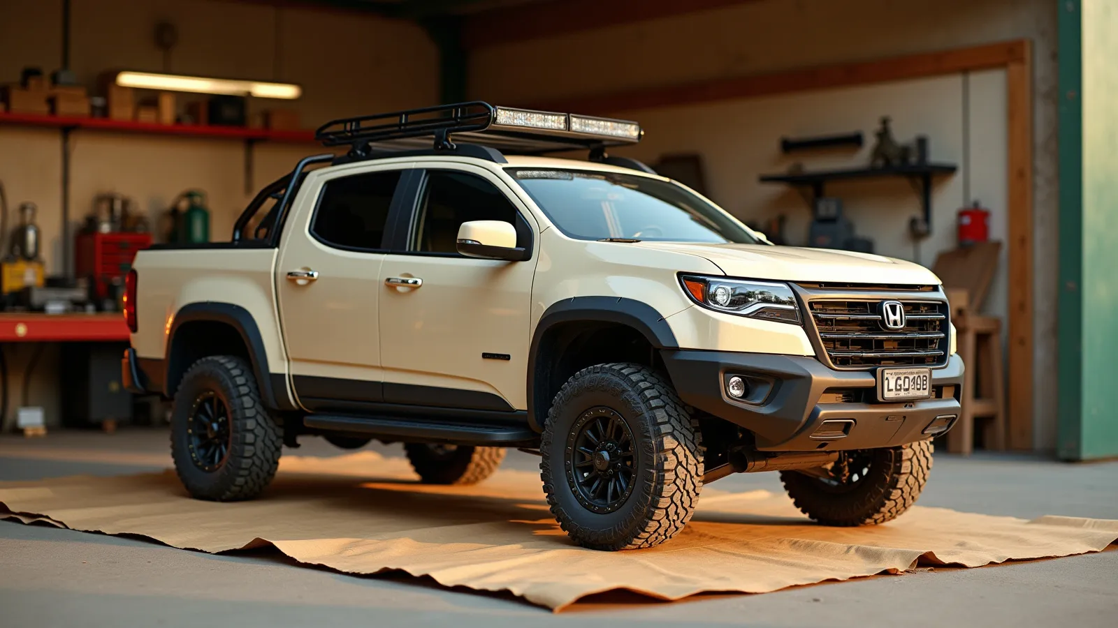 A unibody pickup with a tonneau cover and a bed-mounted ladder rack on a warm apron