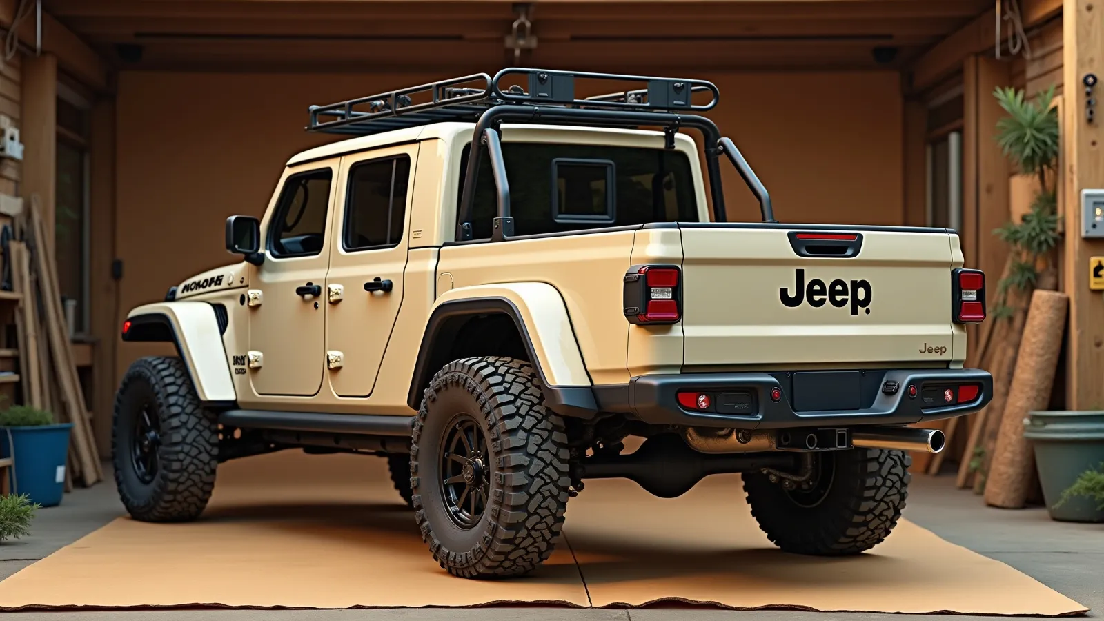 A mid-size pickup with a bed rack, tonneau cover and roof light bar on warm weathered concrete