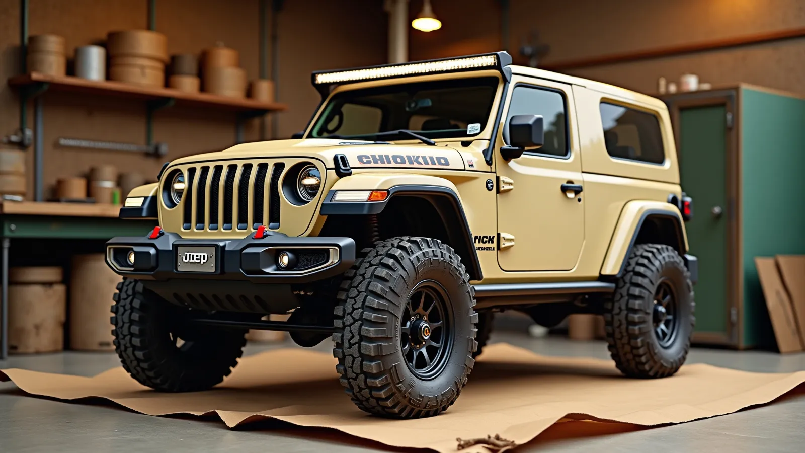 A Wrangler-style 4x4 with a windshield A-pillar LED light bar and all-terrain tires on a warm apron