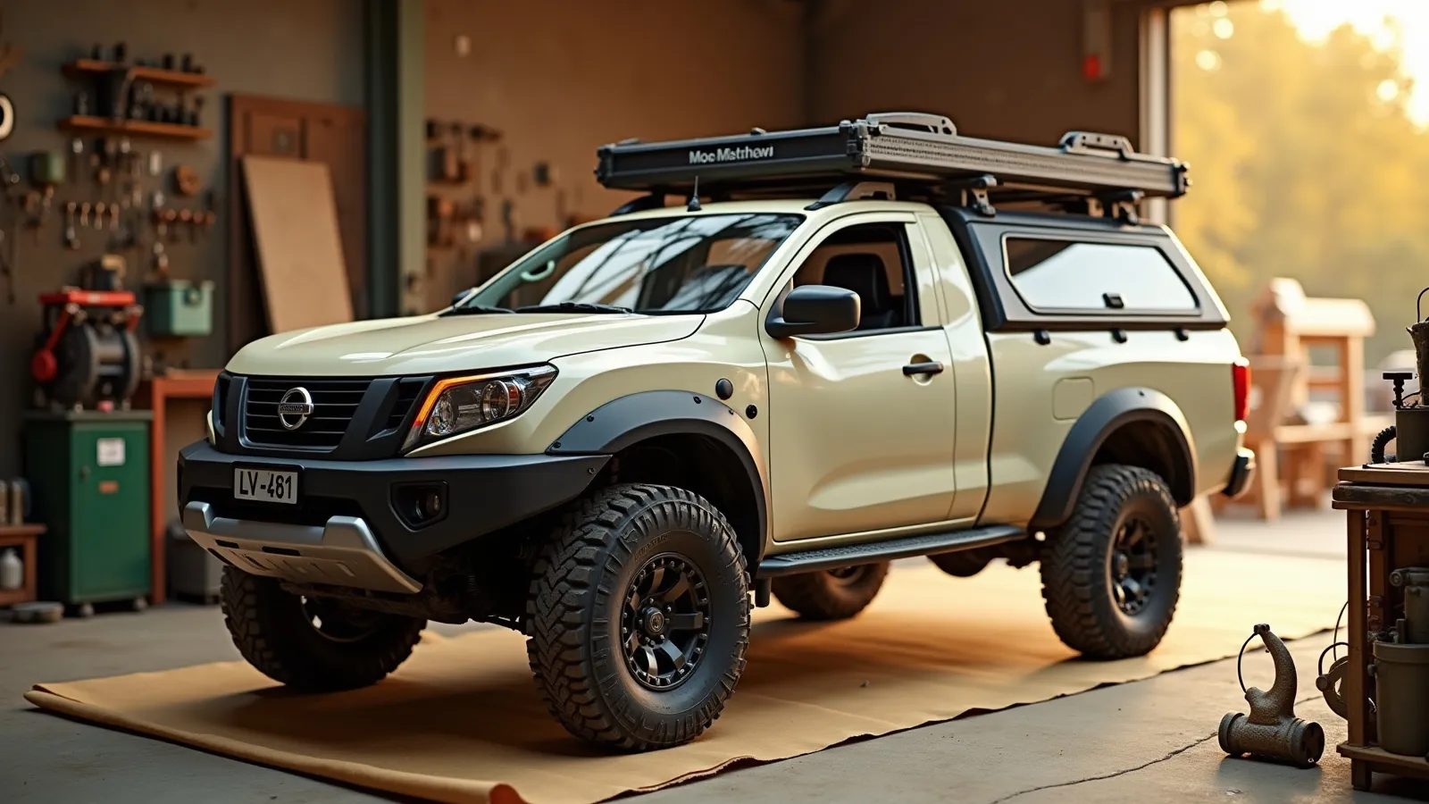 A Frontier-style mid-size pickup with a camper shell canopy and a bed rack on a warm concrete apron