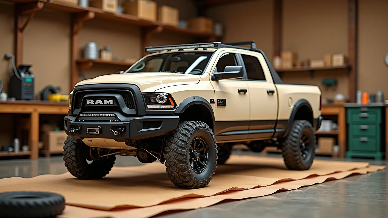A full-size pickup with a hard tonneau cover and a brush-guard bull bar on a honey-toned apron