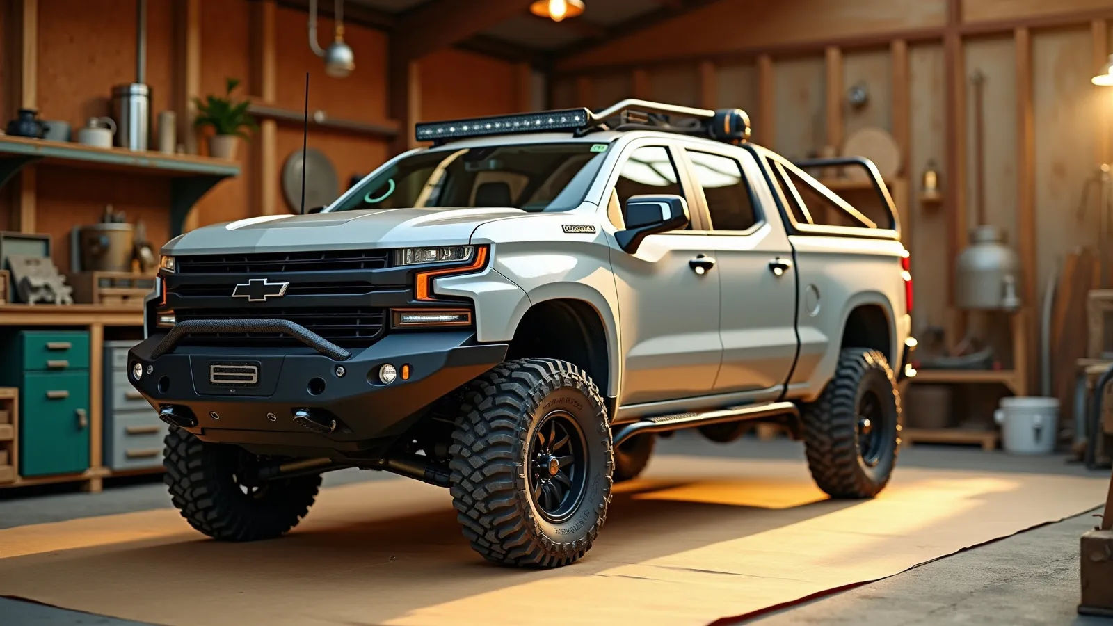 A full-size pickup with a hard folding tonneau cover and a bull bar on a honey-toned shop apron