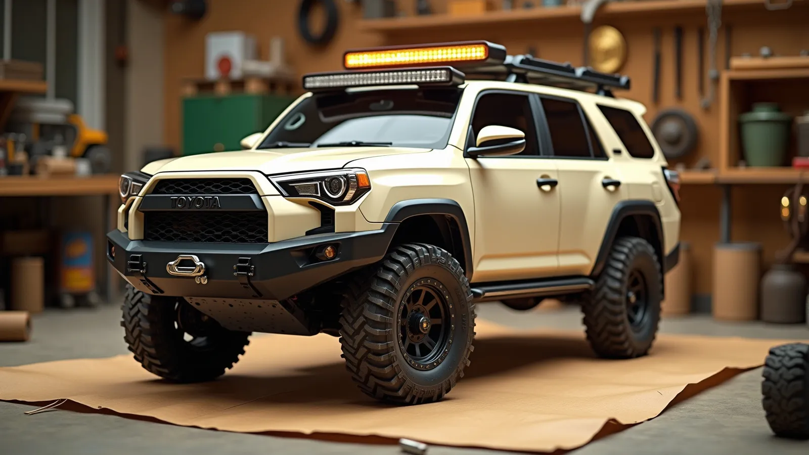 A 4Runner-style 4x4 SUV with a roof LED light bar and a front bull bar on warm weathered concrete