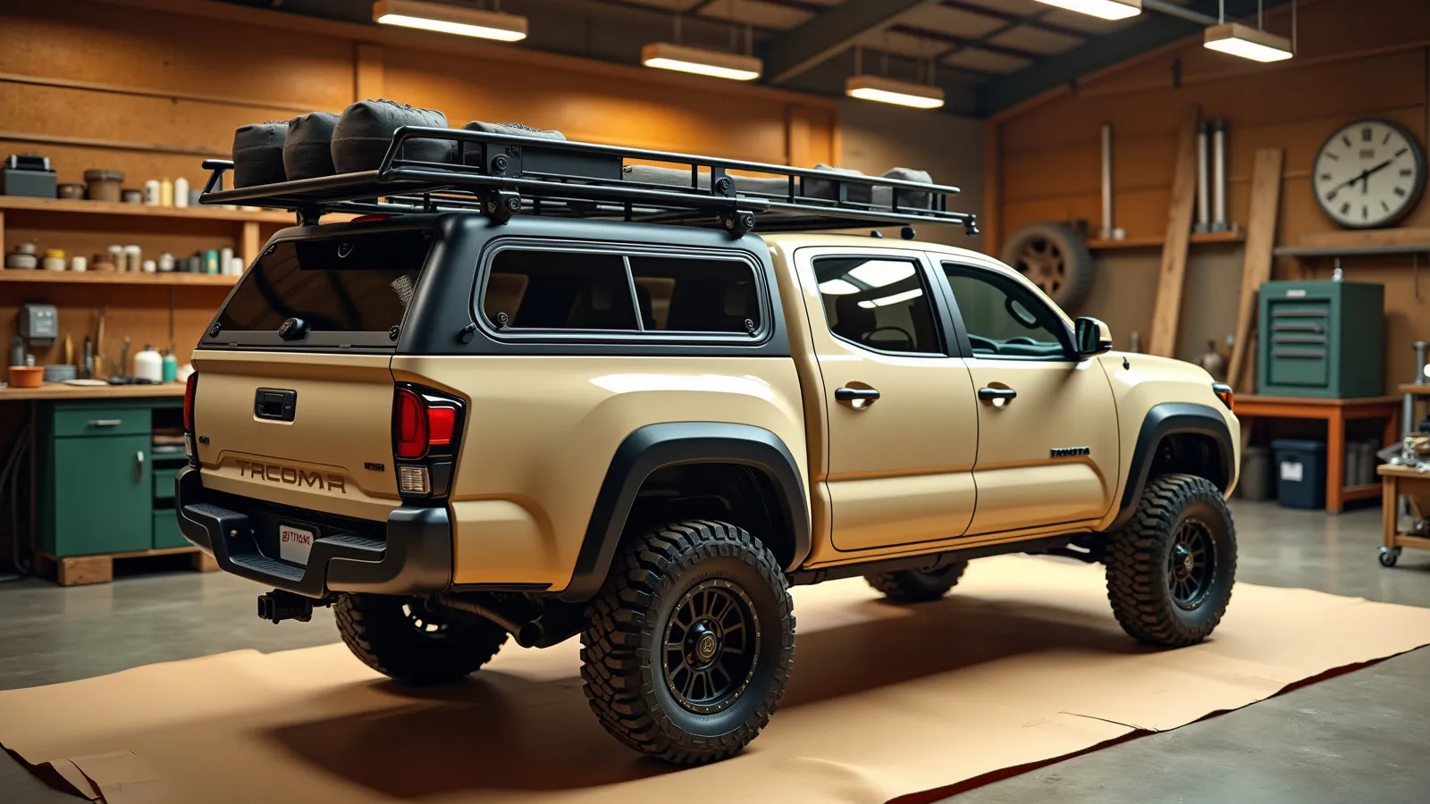 A Tacoma-style mid-size pickup with a camper shell canopy and a bed rack on a warm concrete apron