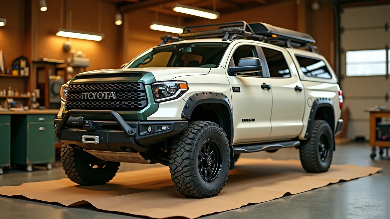 A full-size pickup with a hard tri-fold tonneau cover and a bull bar on a honey-toned apron