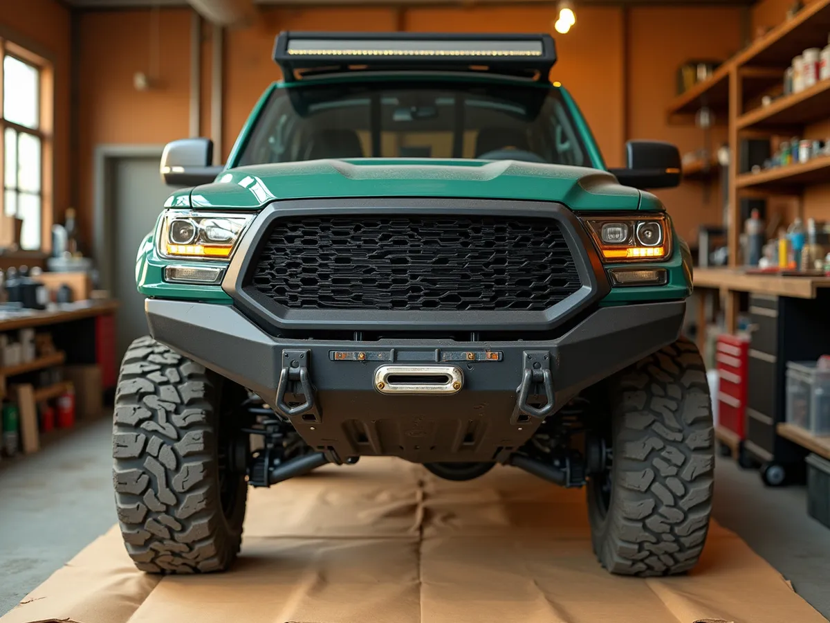 A chrome-look bull bar mounted across the front bumper of a full-size pickup truck