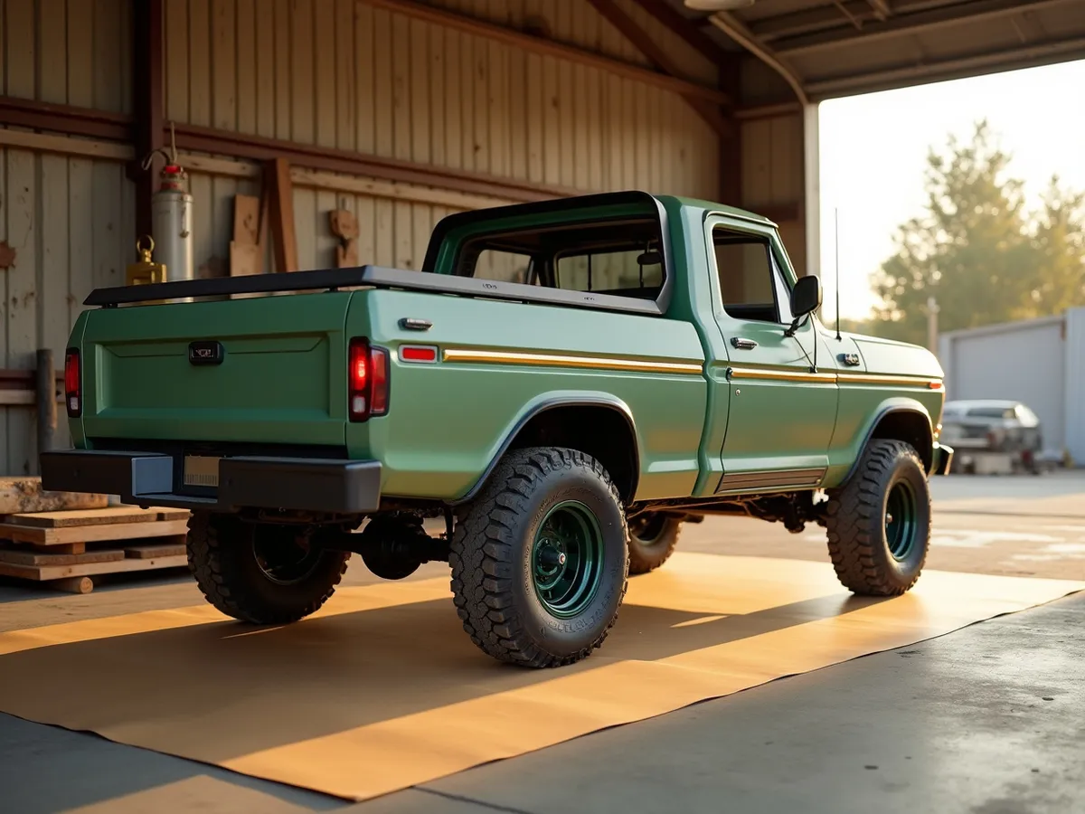 A mid-size pickup wearing a fiberglass camper shell canopy over its bed in warm afternoon light