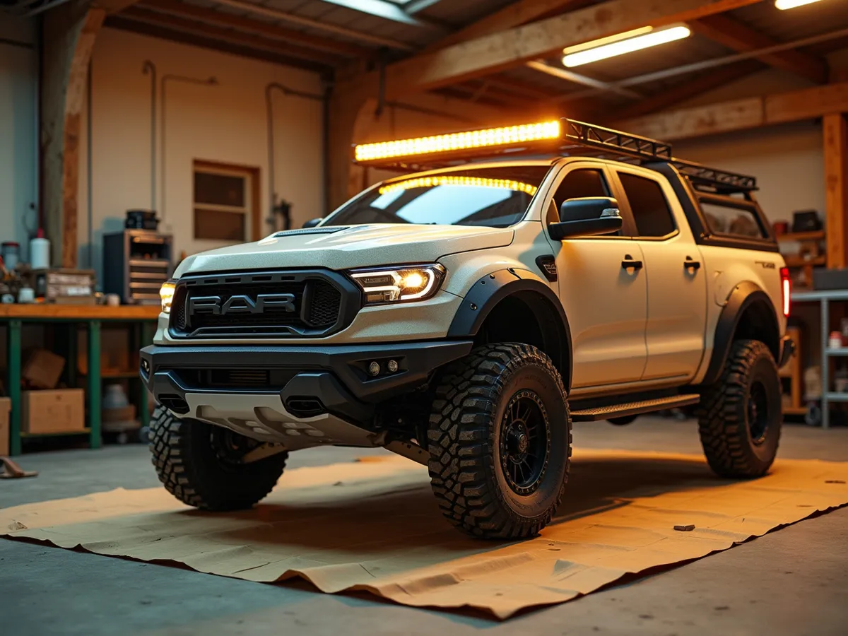 A roof-mounted LED light bar glowing across the top of a 4x4 SUV at golden hour