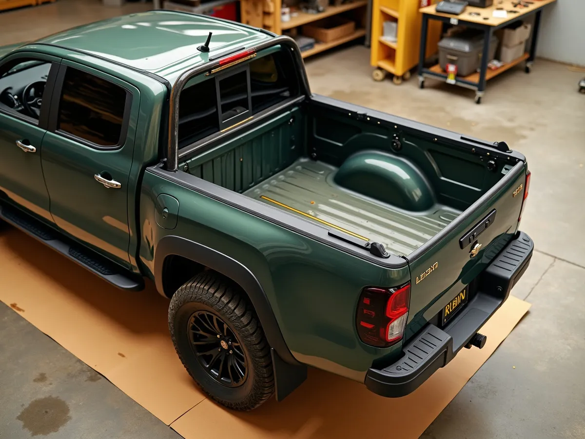 A pickup truck bed fitted with a hard folding tonneau cover, seen from the rear on a warm apron